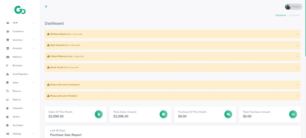 GO POS dashboard